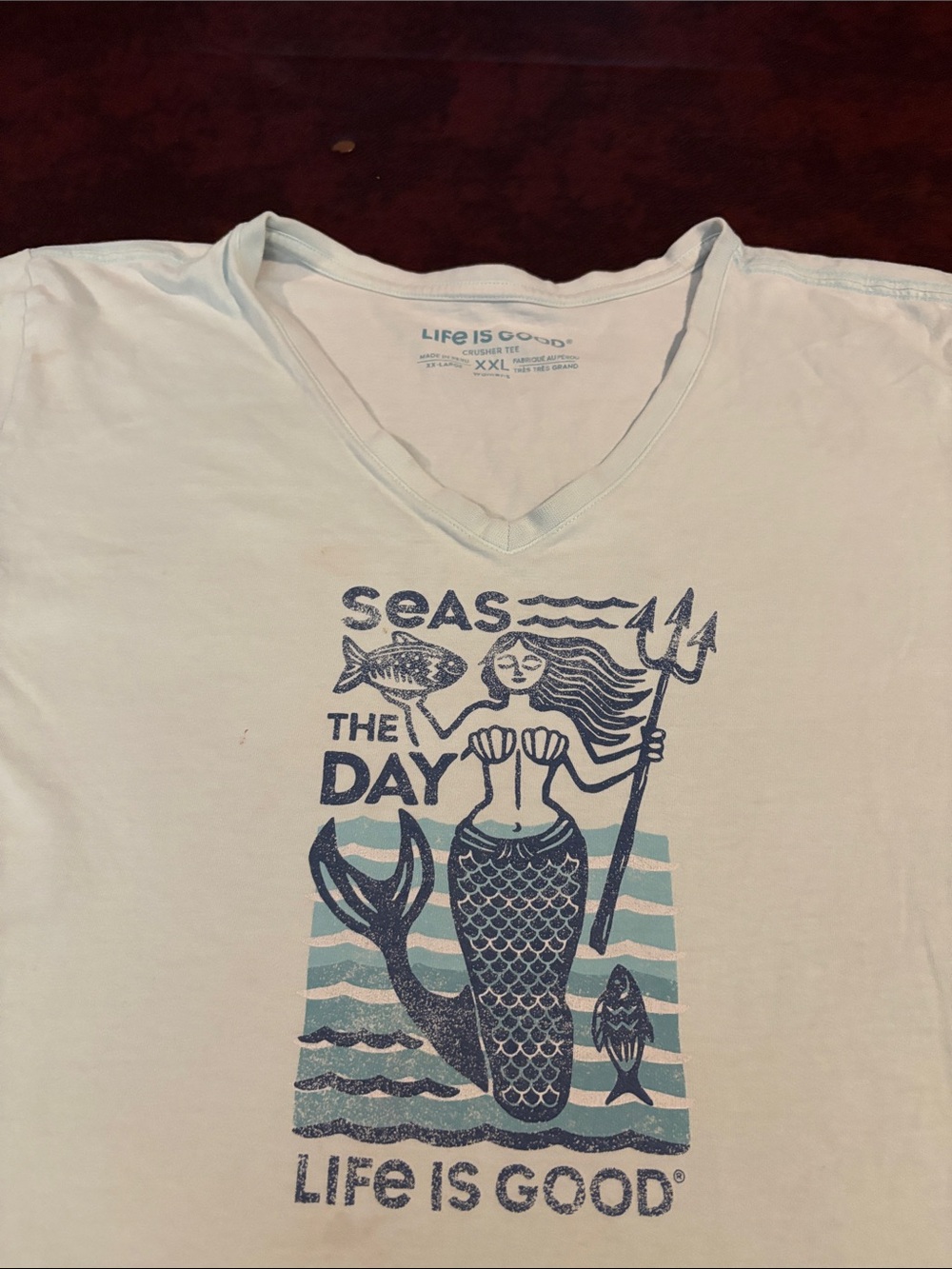 Life Is Good White V-Neck Mermaid Graphic Tee - Blue Print